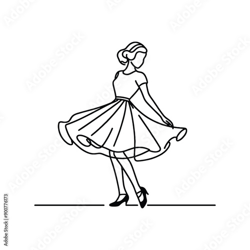 woman wearing retro fashion swing dance dress with a twirly skirt and Mary Jane shoes