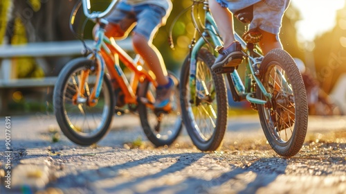 two children riding bicycles on a road photo