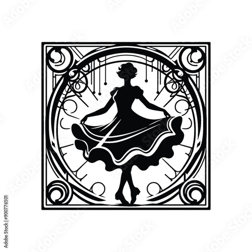 woman wearing retro fashion swing dance dress with a twirly skirt and Mary Jane shoes