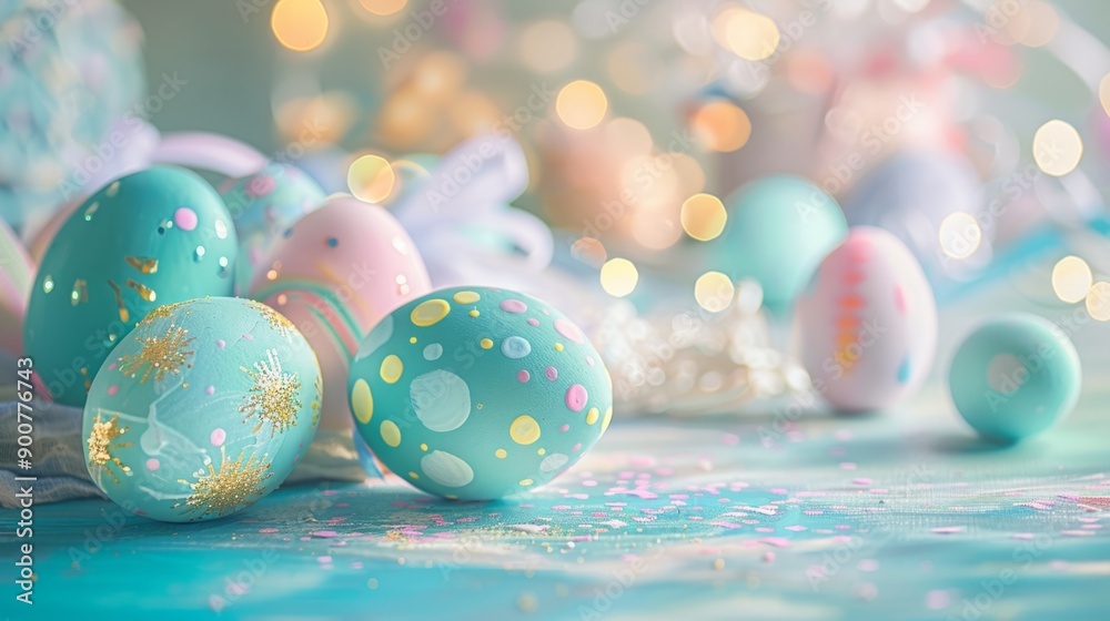 Fototapeta premium Decorative painted Easter eggs with pastel colors and glitter on a softly lit background. Close-up shot. Easter celebration. Design for greeting card, invitation, postcard. Generative AI
