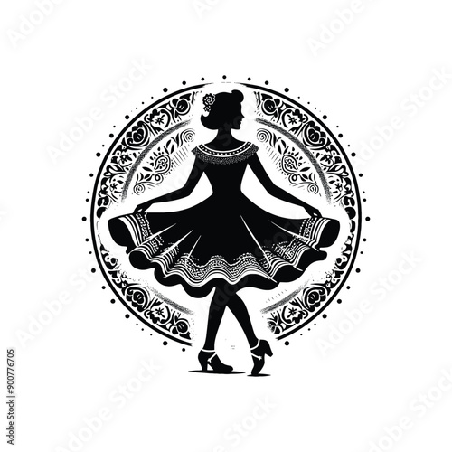 woman wearing retro fashion swing dance dress with a twirly skirt and Mary Jane shoes