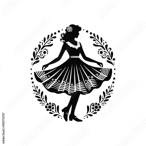 woman wearing retro fashion swing dance dress with a twirly skirt and Mary Jane shoes