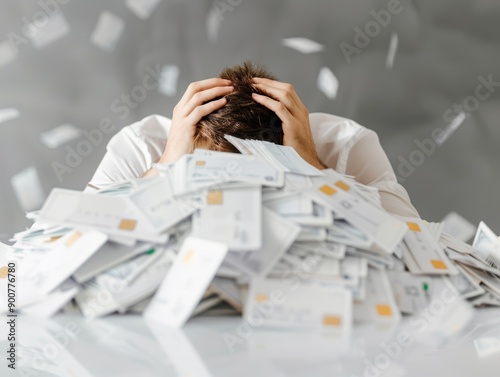 Man sweating over a mountain of credit card debt, financial anxiety concept, with copy space, high-resolution photo, realistic photo photo