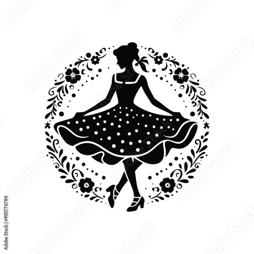 woman wearing retro fashion swing dance dress with a twirly skirt and Mary Jane shoes