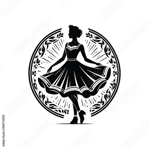 woman wearing retro fashion swing dance dress with a twirly skirt and Mary Jane shoes