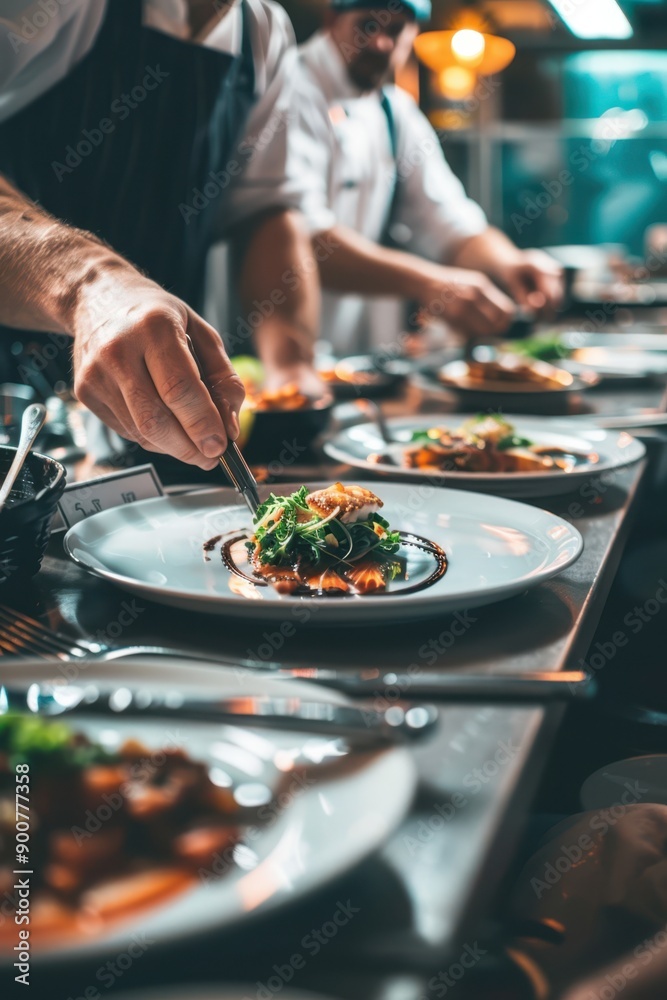 chefs preparing food in a restaurant kitchen chefs preparing food in a restaurant kitchen