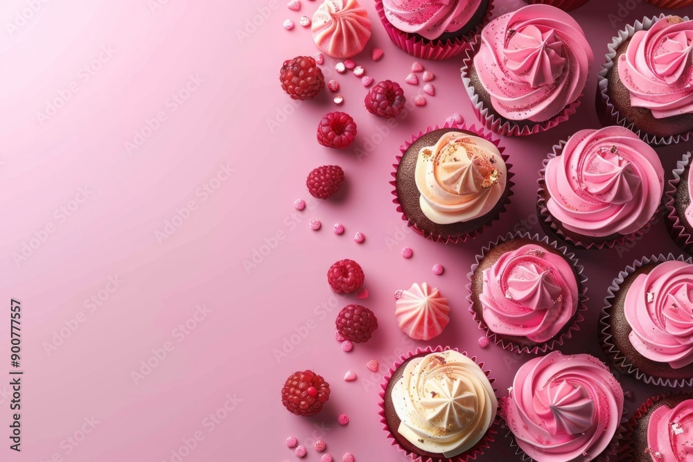 Cupcakes with pink and white frosting decorated with raspberries and meringue on a pink background. Flat lay composition with copy space. Celebration and party concept. Generative AI Cupcakes with pink and white frosting decorated with raspberries and meringue on a pink background. Flat lay composition with copy space. Celebration and party concept. Generative AI