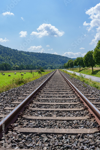 Landschaft mit Bahnschiene an einem Sommertag