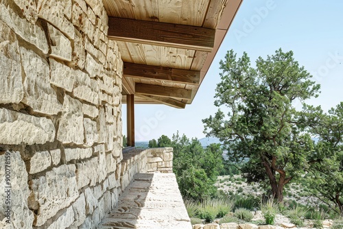 a stone wall and a wooden railing on a porch photo