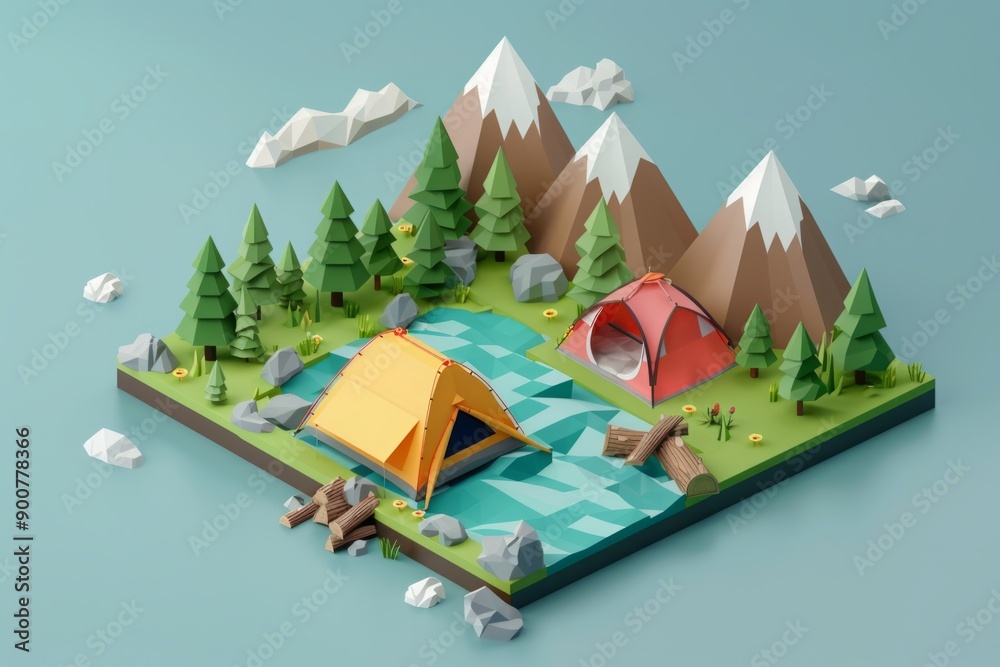 Mountain campsite with two tents by a lake, surrounded by trees and mountains. 3D illustration. Camping and outdoor adventure concept.Generative AI Mountain campsite with two tents by a lake, surrounded by trees and mountains. 3D illustration. Camping and outdoor adventure concept.Generative AI
