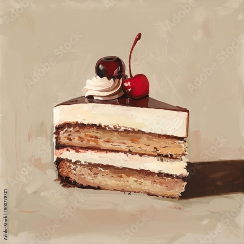 Slice of layered cake with chocolate frosting, cream, and cherries on top. Oil painting style. Dessert and food illustration concept. Design for poster, greeting card, invitation, banner. Generative A photo