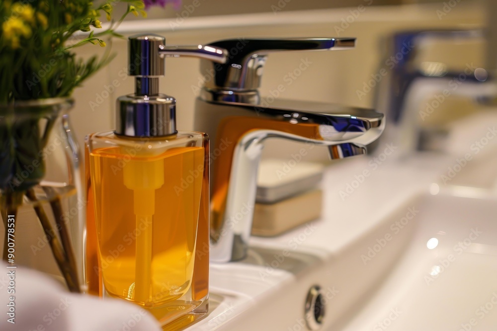 Elegantly designed bathroom sink with chrome faucet and ambercolored soap dispenser Elegantly designed bathroom sink with chrome faucet and ambercolored soap dispenser