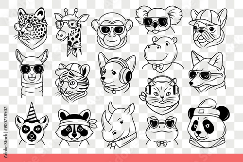 Muzzles of funny wild animals and domestic pets in human wardrobe items and headphones. Animals heads from zoological park, for design of children clothing or toys. Hand drawn doodle