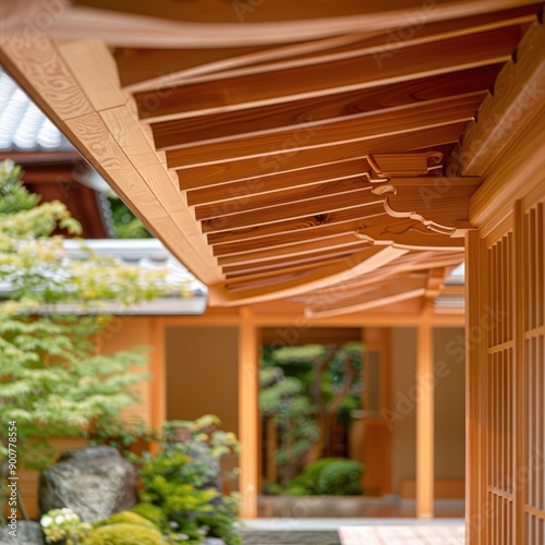 a wooden porch with a stone walkway and a japanese garden