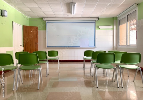 An empty classroom with green chairs and a whiteboard