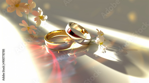 Bright background with wedding rings, minimal concept