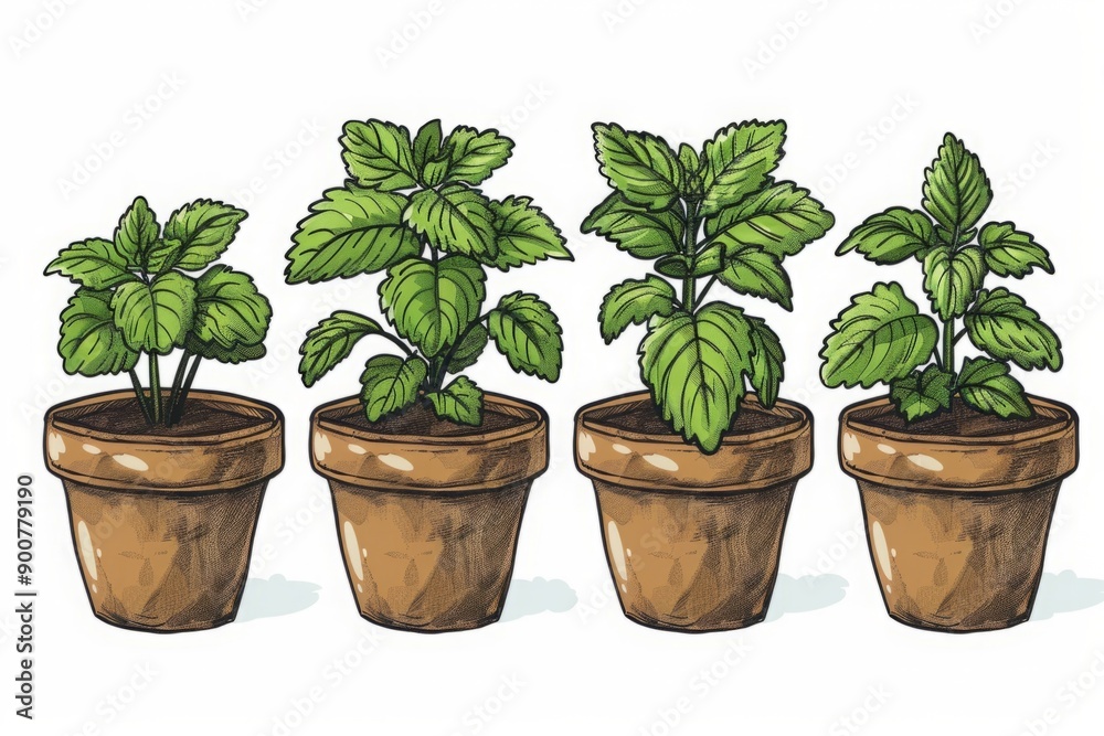 Obraz premium Four potted green basil plants with lush leaves in terracotta pots. Watercolor illustration with black outline isolated on white background. Generative AI