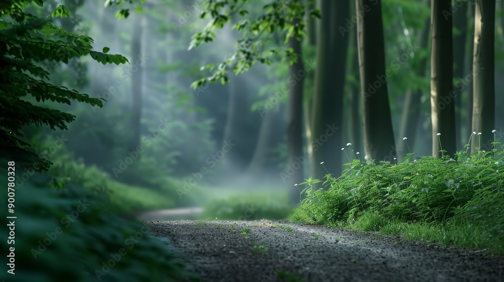 Obraz premium A serene forest path enveloped in morning mist with ethereal light filtering through dense foliage