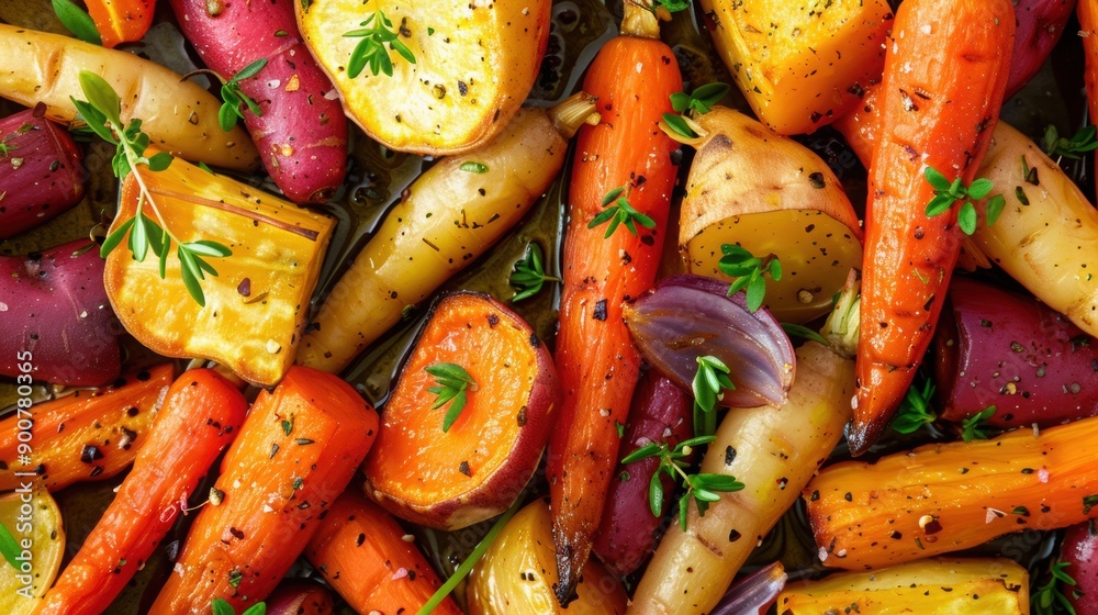 Color roasted root vegetables, including carrots, parsnips, and sweet potatoes, seasoned with herbs and olive oil. Thanksgiving side dish Color roasted root vegetables, including carrots, parsnips, and sweet potatoes, seasoned with herbs and olive oil. Thanksgiving side dish