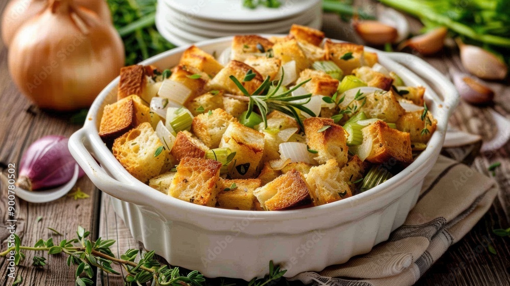 Traditional dish of savory stuffing made with bread cubes, celery, onions, and fresh herbs. Thanksgiving side dish.