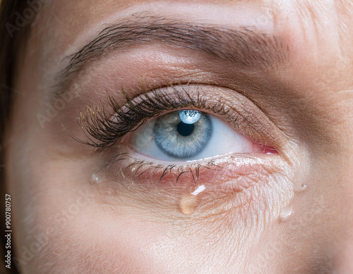 close up of a female eye crying