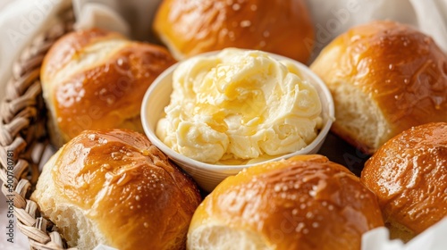 Buttery dinner rolls served in a basket, served with whipped honey butter. Thanksgiving side dish.