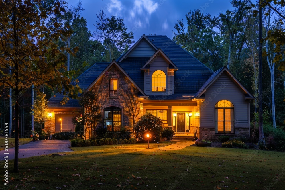 Cozy Home at Night with Glowing Warm Lights for Comfort and Safety Homeownership Concept Cozy Home at Night with Glowing Warm Lights for Comfort and Safety Homeownership Concept