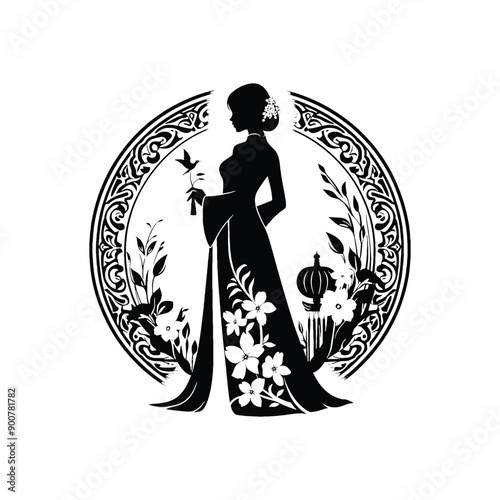 woman wear traditional fashion Vietnamese ao dai in silk