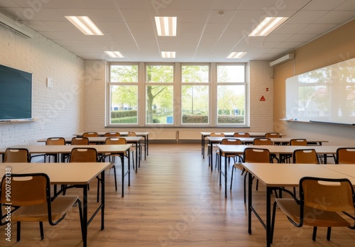 An empty classroom with desks and chairs arranged neatly for students to study at their tables.