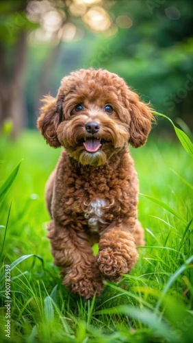 Happy Brown Poodle Running Through Tall Green Grass on a Sunny Day. Generative AI