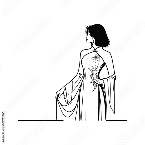 woman wear traditional fashion Vietnamese ao dai in silk in simple one-line drawing, flat logo, minimalist, less detail, high contrast, cutout, vector, bw, isolated white, -