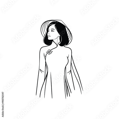 woman wear traditional fashion Vietnamese ao dai in silk in simple one-line drawing, flat logo, minimalist, less detail, high contrast, cutout, vector, bw, isolated white, -
