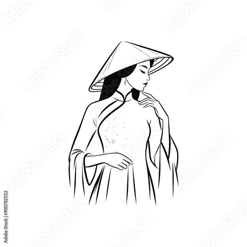 woman wear traditional fashion Vietnamese ao dai in silk in simple one-line drawing, flat logo, minimalist, less detail, high contrast, cutout, vector, bw, isolated white, -