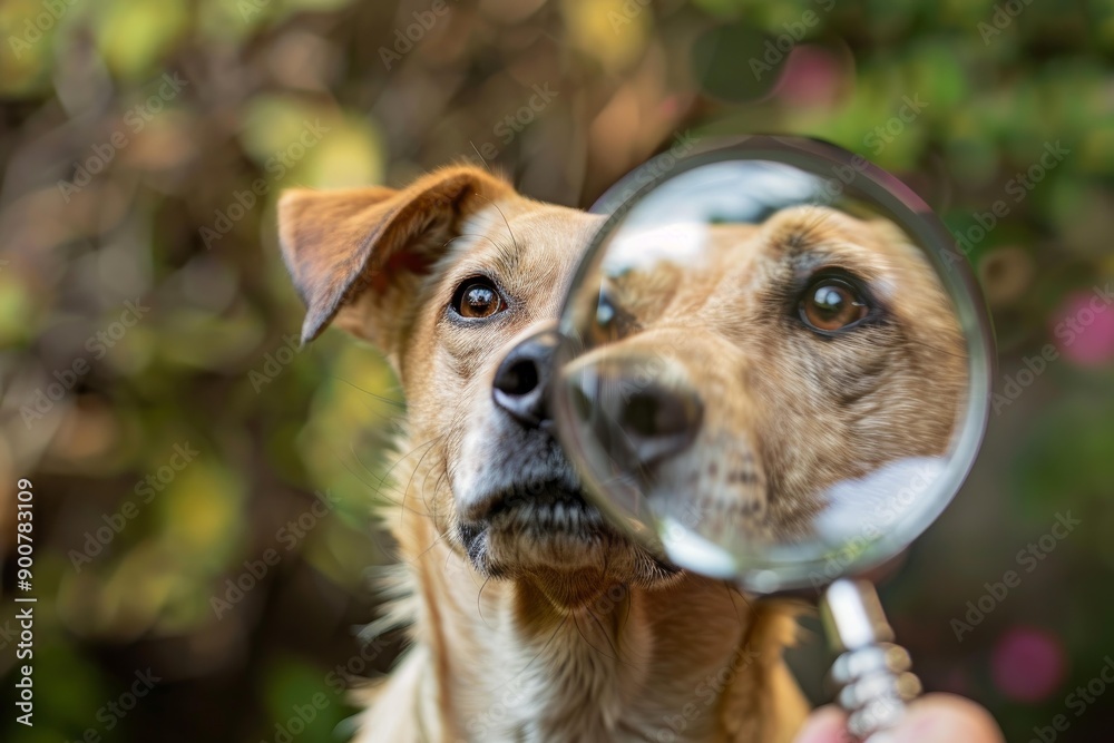 Closeup of a dog looking through a magnifying glass with a blurred garden background Closeup of a dog looking through a magnifying glass with a blurred garden background