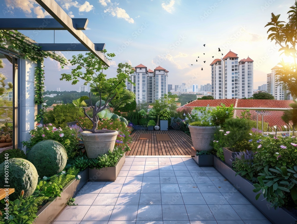 Fototapeta premium Urban Oasis: Rooftop Garden with City Skyline View