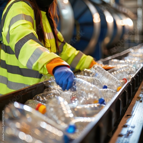 a worker in a factory with plastic bottles photo