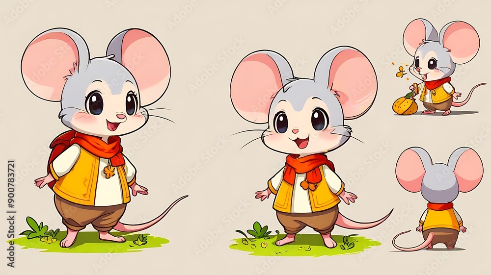 Smiling white mouse with green vest, yellow scarf, red shoes. Suitable for childrens illustrations, greeting cards, and holiday designs. Smiling white mouse with green vest, yellow scarf, red shoes. Suitable for childrens illustrations, greeting cards, and holiday designs.