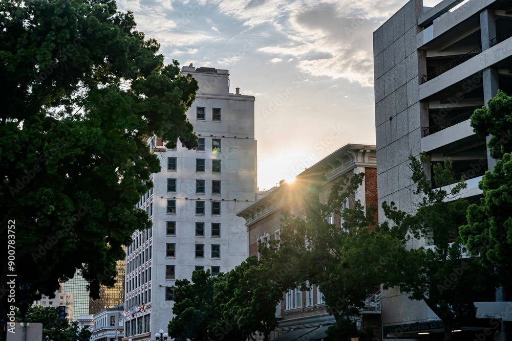 Downtown San Diego Gaslamp District During the Middle of the Summer just before Dusk