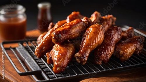 BBQ, Chicken wings on a grill with a side of BBQ sauce photo