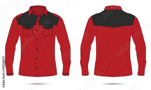 Red and black long sleeve button down work shirt mockup front and back view