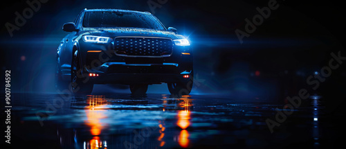 A dark blue SUV vehicle with headlights on is illuminated against the background of darkness captures the sleek lines and design details of the automobile