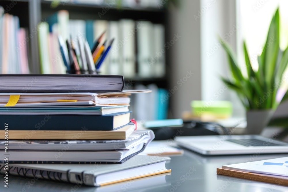 A stack of business books and notebooks on a desk, symbolizing research and planning in the startup phase A stack of business books and notebooks on a desk, symbolizing research and planning in the startup phase