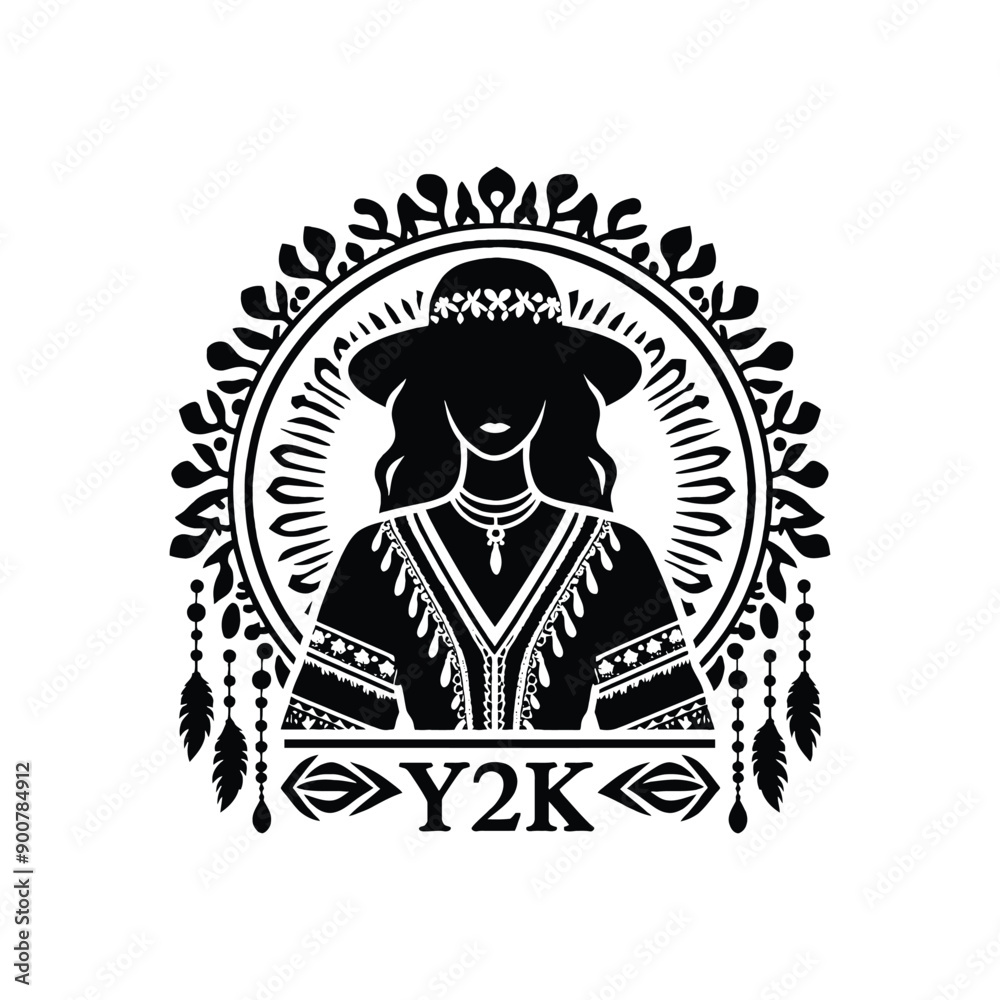 woman wearing Fashion YK inside bohemian decoration, flat logo, less detail, high contrast, cutout, vector, bw, isolated white, - woman wearing Fashion YK inside bohemian decoration, flat logo, less detail, high contrast, cutout, vector, bw, isolated white, -