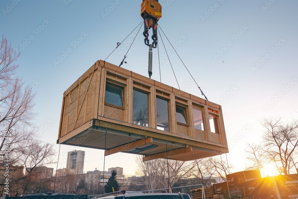 A wooden building module is raised by a crane and placed A wooden building module is raised by a crane and placed