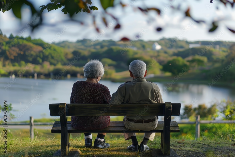 Elderly Couple Enjoying Tranquil Lake View During Autumn for Retirement and Travel Concepts Elderly Couple Enjoying Tranquil Lake View During Autumn for Retirement and Travel Concepts