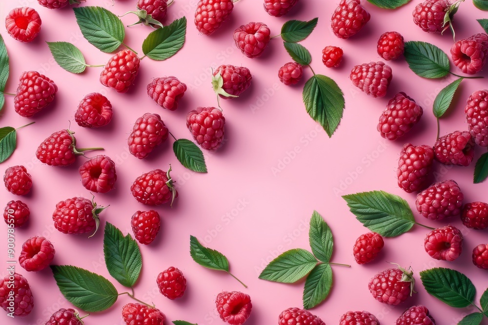 Fresh ripe raspberries with green leaves on a vibrant pink background Fresh ripe raspberries with green leaves on a vibrant pink background