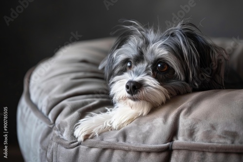 Peaceful black and white dog resting on a gray sofa with a captivating gaze