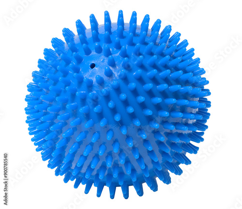 Blue rubber ball with spikes on an isolated background. Dog toy