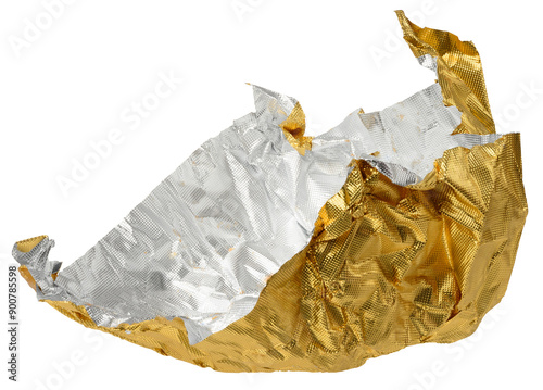 Foto Crumpled sheet of golden foil, candy wrapper on isolated background