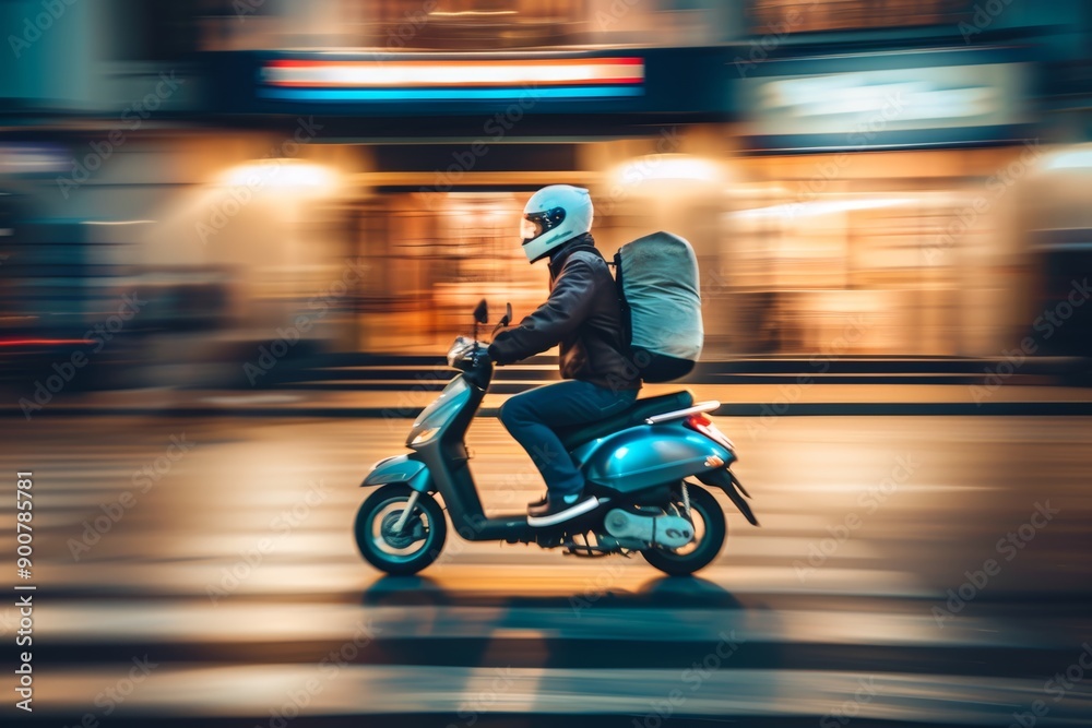 Fototapeta premium Fast Food Delivery on Scooter Through City Streets at Night for Urban Speed and Efficiency Concept